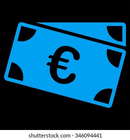 Euro Banknotes vector icon. Style is flat symbol, blue color, rounded angles, black background.
