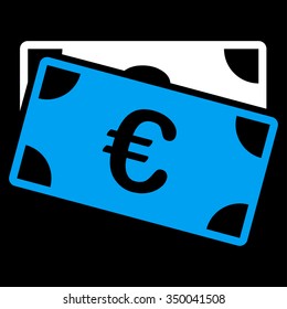 Euro Banknotes vector icon. Style is bicolor flat symbol, blue and white colors, rounded angles, black background.