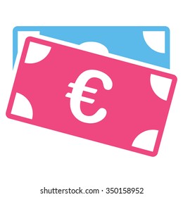 Euro Banknotes vector icon. Style is bicolor flat symbol, pink and blue colors, rounded angles, white background.