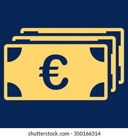 Euro Banknotes vector icon. Style is flat symbol, yellow color, rounded angles, blue background.