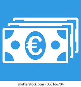 Euro Banknotes vector icon. Style is flat symbol, white color, rounded angles, blue background.