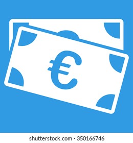 Euro Banknotes vector icon. Style is flat symbol, white color, rounded angles, blue background.