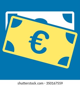 Euro Banknotes vector icon. Style is bicolor flat symbol, yellow and white colors, rounded angles, blue background.