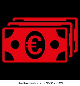 Euro Banknotes vector icon. Style is flat symbol, red color, rounded angles, black background.