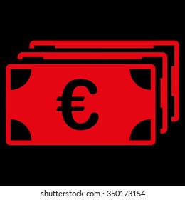 Euro Banknotes vector icon. Style is flat symbol, red color, rounded angles, black background.