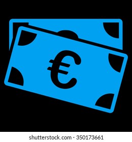 Euro Banknotes vector icon. Style is flat symbol, blue color, rounded angles, black background.