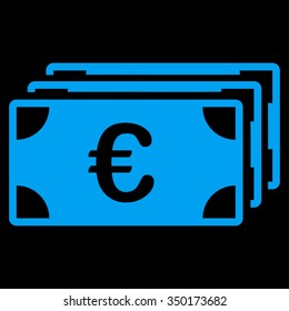 Euro Banknotes vector icon. Style is flat symbol, blue color, rounded angles, black background.