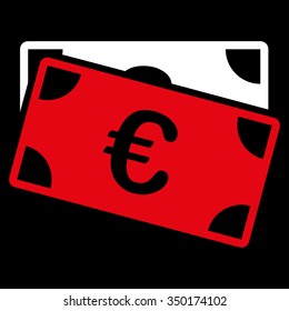 Euro Banknotes vector icon. Style is bicolor flat symbol, red and white colors, rounded angles, black background.