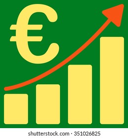 Euro Bar Chart vector icon. Style is bicolor flat symbol, orange and yellow colors, rounded angles, green background.