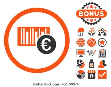 Euro Barcode icon with bonus pictogram. Vector illustration style is flat iconic bicolor symbols, orange and gray colors, white background.