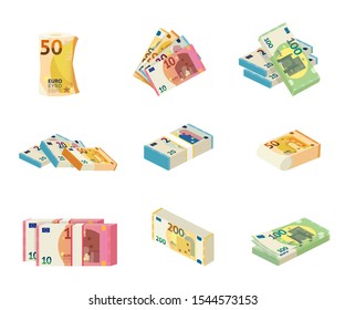 Euro bill stacks flat vector illustrations set. Paper cash, banknotes heaps, various european money. Banking business, budget growth isolated design elements. Salary payment, capital increase