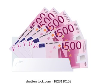Euro bills. 500. Envelope full of cash. Money background. Banknotes with envelope, white background