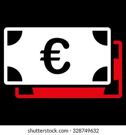 Euro Bills vector icon. Style is bicolor flat symbol, red and white colors, rounded angles, black background.