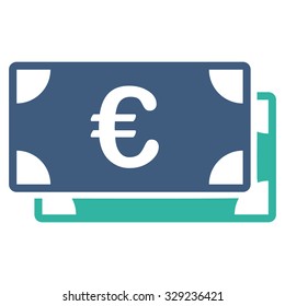 Euro Bills vector icon. Style is bicolor flat symbol, cobalt and cyan colors, rounded angles, white background.