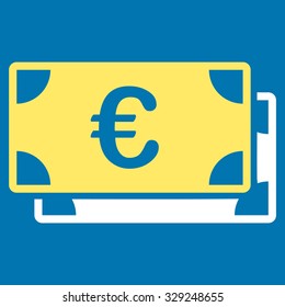 Euro Bills vector icon. Style is bicolor flat symbol, yellow and white colors, rounded angles, blue background.
