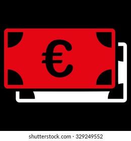 Euro Bills vector icon. Style is bicolor flat symbol, red and white colors, rounded angles, black background.