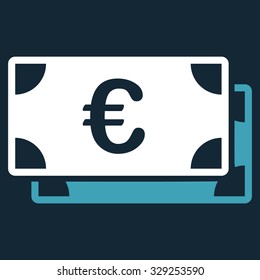 Euro Bills vector icon. Style is bicolor flat symbol, blue and white colors, rounded angles, dark blue background.