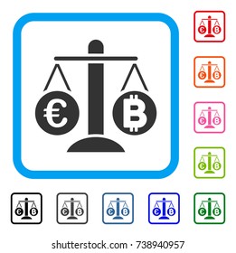 Euro Bitcoin Balance Weight icon. Flat grey pictogram symbol inside a light blue rounded rectangular frame. Black, gray, green, blue, red, orange color variants of Euro Bitcoin Balance Weight vector.