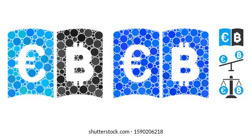 Euro and Bitcoin catalog composition of small circles in different sizes and color hues, based on Euro and Bitcoin catalog icon. Vector small circles are organized into blue composition.