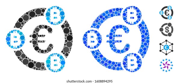 Euro Bitcoin collaboration mosaic of small circles in variable sizes and color tones, based on Euro Bitcoin collaboration icon. Vector small circles are organized into blue mosaic.