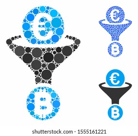 Euro Bitcoin conversion funnel composition of filled circles in variable sizes and color hues, based on Euro Bitcoin conversion funnel icon. Vector filled circles are combined into blue illustration.