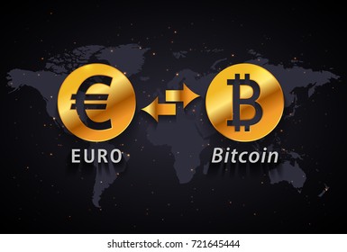 Euro to Bitcoin currency exchange infographic template on world map background