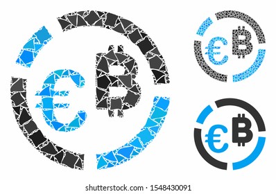 Euro Bitcoin diagram composition of rough parts in variable sizes and color hues, based on Euro Bitcoin diagram icon. Vector joggly dots are grouped into collage.