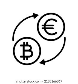 euro bitcoin exchange, money conversion, bitcoin to euro icon concept isolated on white background, black line vector illustration, crypto currency converter