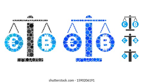 Euro and Bitcoin scales mosaic of filled circles in different sizes and shades, based on Euro and Bitcoin scales icon. Vector circle elements are combined into blue mosaic.