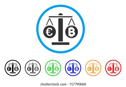 Euro And Bitcoin Scales rounded icon. Style is a flat euro and bitcoin scales gray symbol inside light blue circle with black, gray, green, blue, red, orange variants.