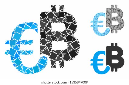 Euro Bitcoin symbols mosaic of bumpy items in different sizes and color tones, based on Euro Bitcoin symbols icon. Vector bumpy parts are grouped into mosaic.