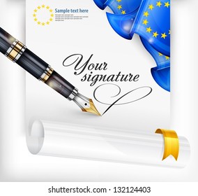Euro blank, paper sheet with national flag, fountain pen and text, vector illustration . Vector Illustration.