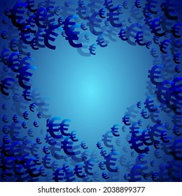 Euro blue signs flying currency vector design. Success backdrop. Currency token euro money scatter signs explosion.