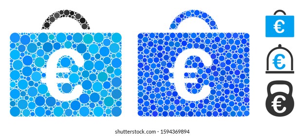 Euro bookkeeping case composition of filled circles in various sizes and color tints, based on Euro bookkeeping case icon. Vector filled circles are composed into blue collage.