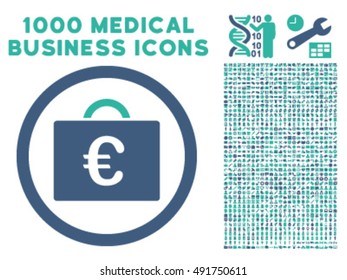 Euro Bookkeeping Case icon with 1000 medical commercial cobalt and cyan vector pictographs. Clipart style is flat bicolor symbols, white background.