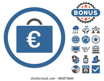 Euro Bookkeeping Case icon with bonus pictogram. Vector illustration style is flat iconic bicolor symbols, cobalt and gray colors, white background.