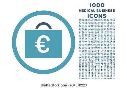 Euro Bookkeeping Case rounded vector bicolor icon with 1000 medical business icons. Set style is flat pictograms, cyan and blue colors, white background.