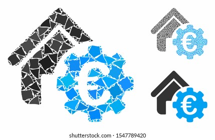 Euro building payment gear mosaic of abrupt elements in variable sizes and color tinges, based on Euro building payment gear icon. Vector abrupt parts are organized into collage.