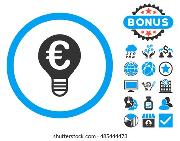 Euro Bulb icon with bonus elements. Vector illustration style is flat iconic bicolor symbols, blue and gray colors, white background.