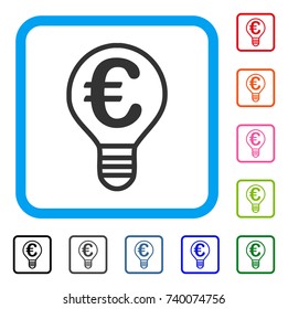 Euro Bulb icon. Flat grey pictogram symbol inside a light blue rounded squared frame. Black, gray, green, blue, red, orange color additional versions of Euro Bulb vector.