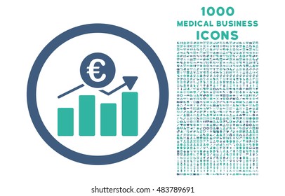 Euro Business Chart rounded vector bicolor icon with 1000 medical business icons. Set style is flat pictograms, cobalt and cyan colors, white background.
