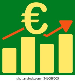 Euro Business Chart vector icon. Style is bicolor flat symbol, orange and yellow colors, rounded angles, green background.