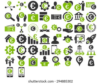Euro Business Iconst. These flat bicolor icons use eco green and gray colors. Vector images are isolated on a white background. 