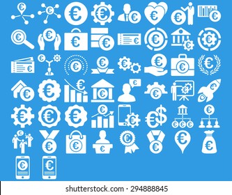 Euro Business Iconst. These flat icons use white color. Vector images are isolated on a blue background. 