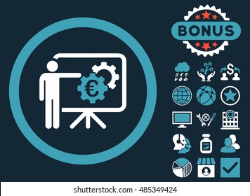 Euro Business Project Presentation icon with bonus pictures. Vector illustration style is flat iconic bicolor symbols, blue and white colors, dark blue background.