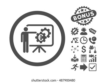 Euro Business Project Presentation icon with bonus design elements. Vector illustration style is flat iconic symbols, gray color, white background.