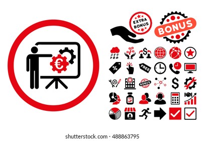 Euro Business Project Presentation icon with bonus elements. Vector illustration style is flat iconic bicolor symbols, intensive red and black colors, white background.