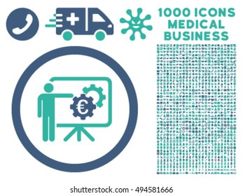 Euro Business Project Presentation icon with 1000 medical commerce cobalt and cyan vector pictograms. Collection style is flat bicolor symbols, white background.