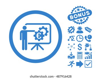 Euro Business Project Presentation pictograph with bonus pictogram. Vector illustration style is flat iconic symbols, cobalt color, white background.