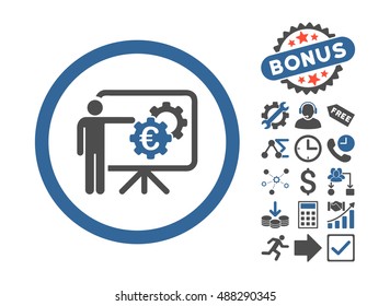 Euro Business Project Presentation pictograph with bonus elements. Vector illustration style is flat iconic bicolor symbols, cobalt and gray colors, white background.